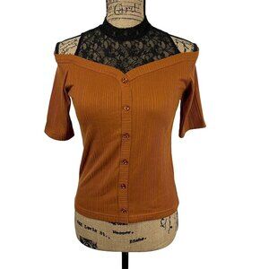 Murua Brown Faux Button Black Lace Neck Top Ribbed Shirt Size F